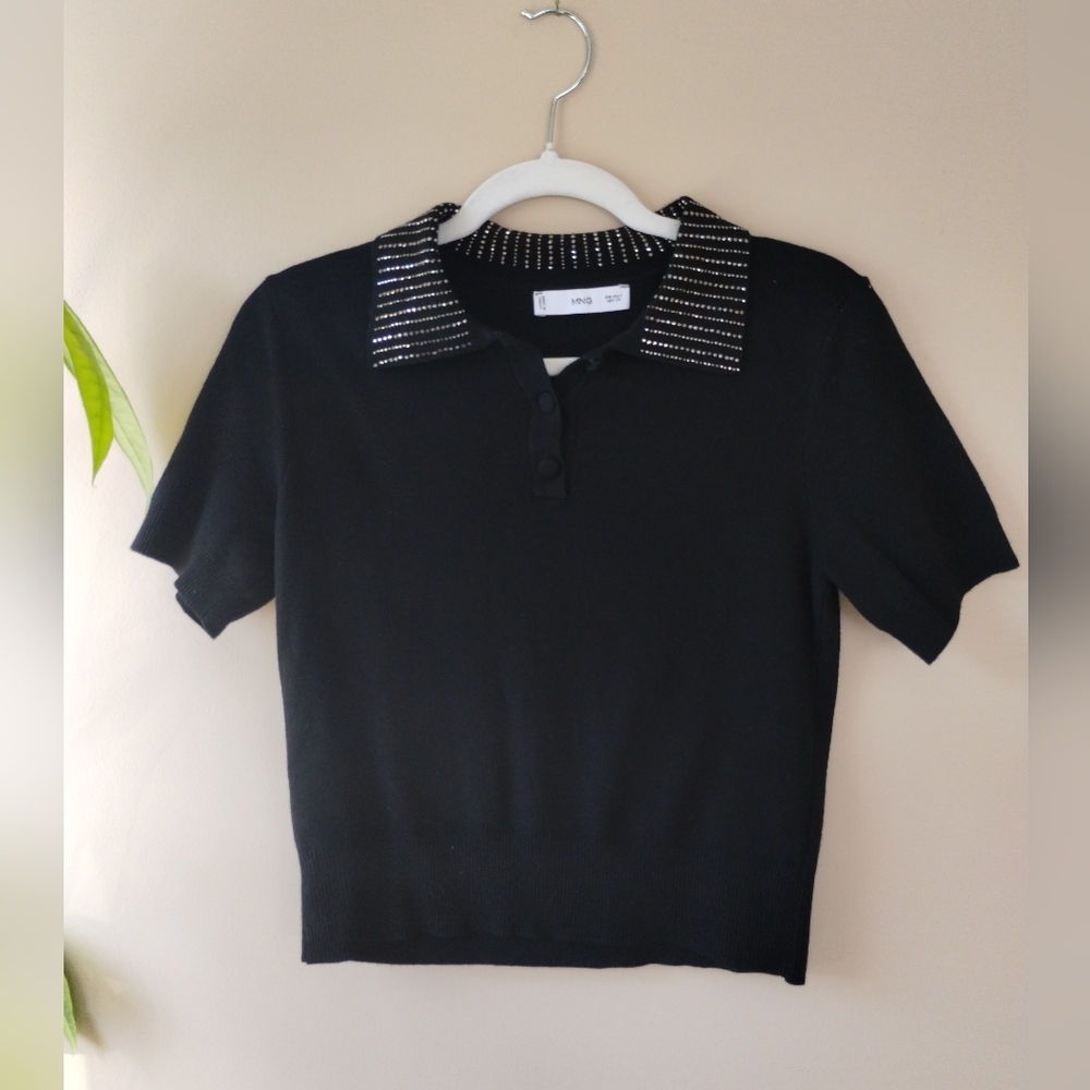 Mango Rhinestone Collar Knit Polo Shirt Small